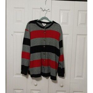 Alfred Dunner Women's Cardigan Sweater Button Down Long Sleeve Red Black Large